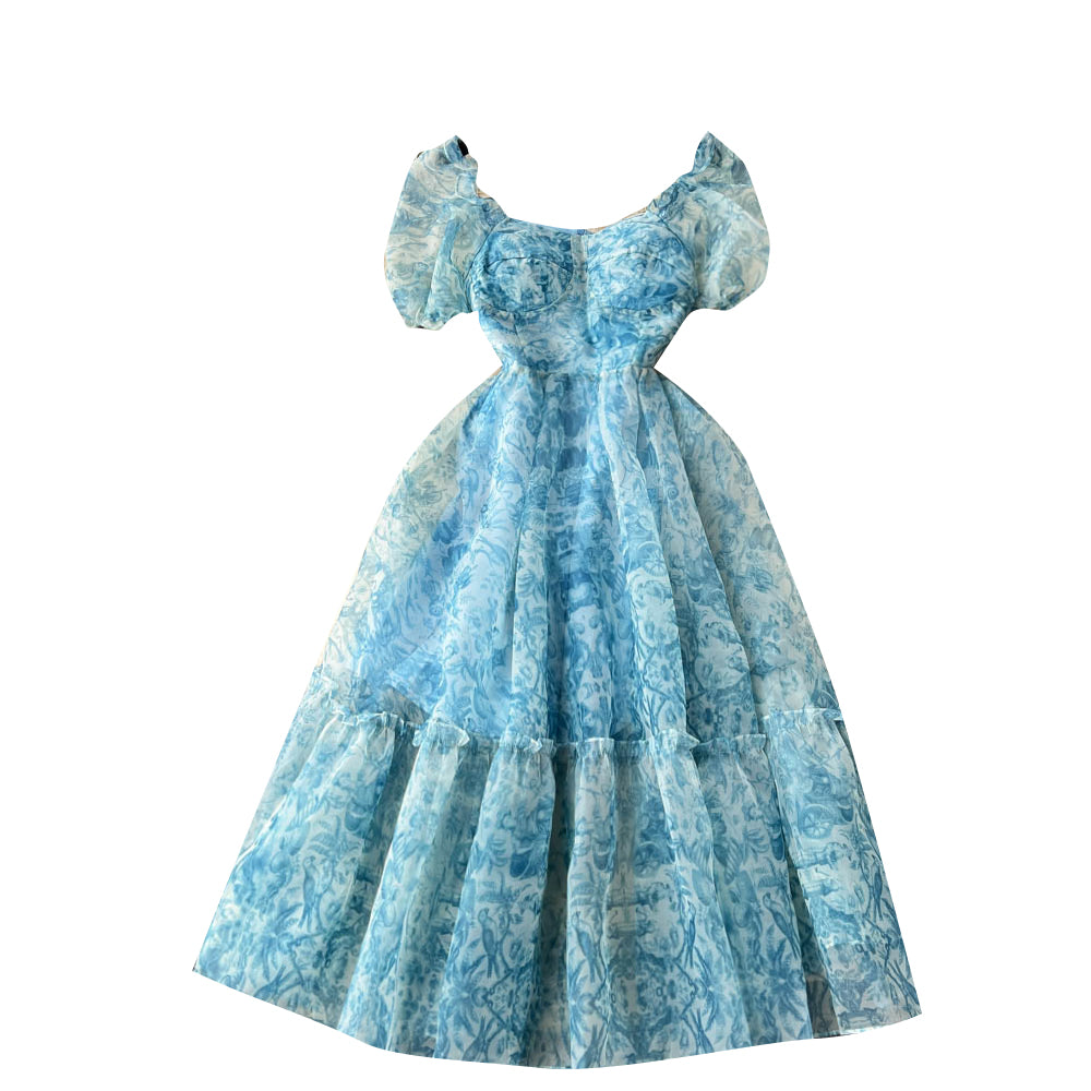 Bubble-sleeve Floral Organza Puffy Dress