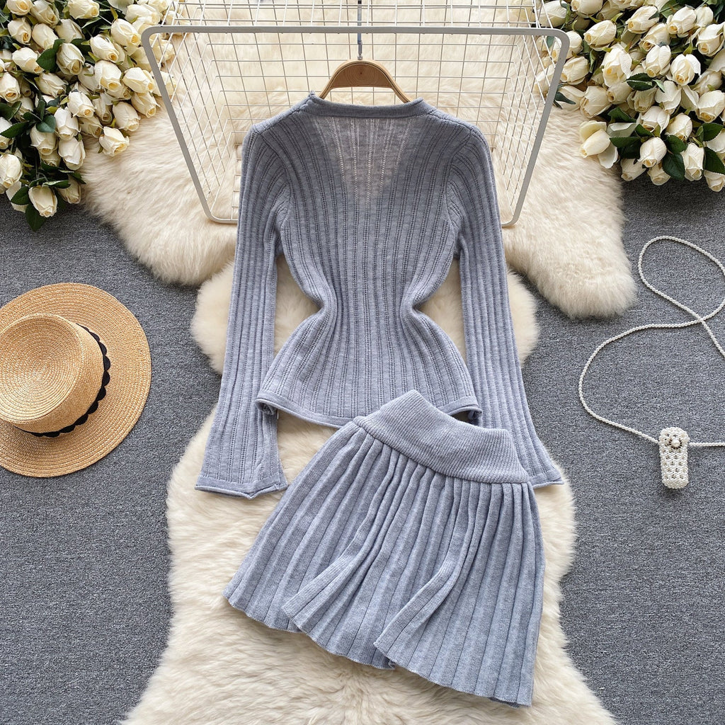 V-neck Cardigan&Pleated Skirt Knitted 2Pcs