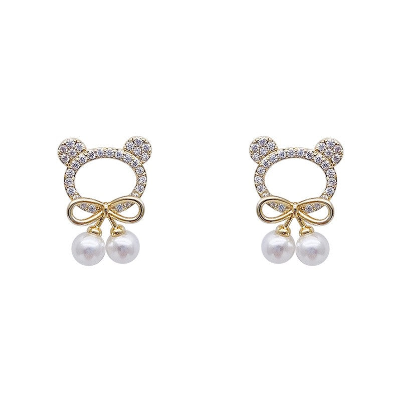 Pearl Bear Bow Stud Earrings