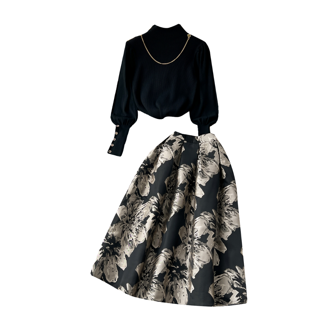 Turtleneck Sweater&Jacquard Skirt 2Pcs