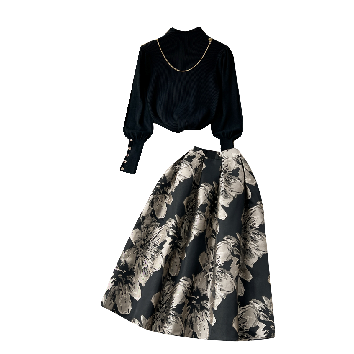 Turtleneck Sweater&Jacquard Skirt 2Pcs