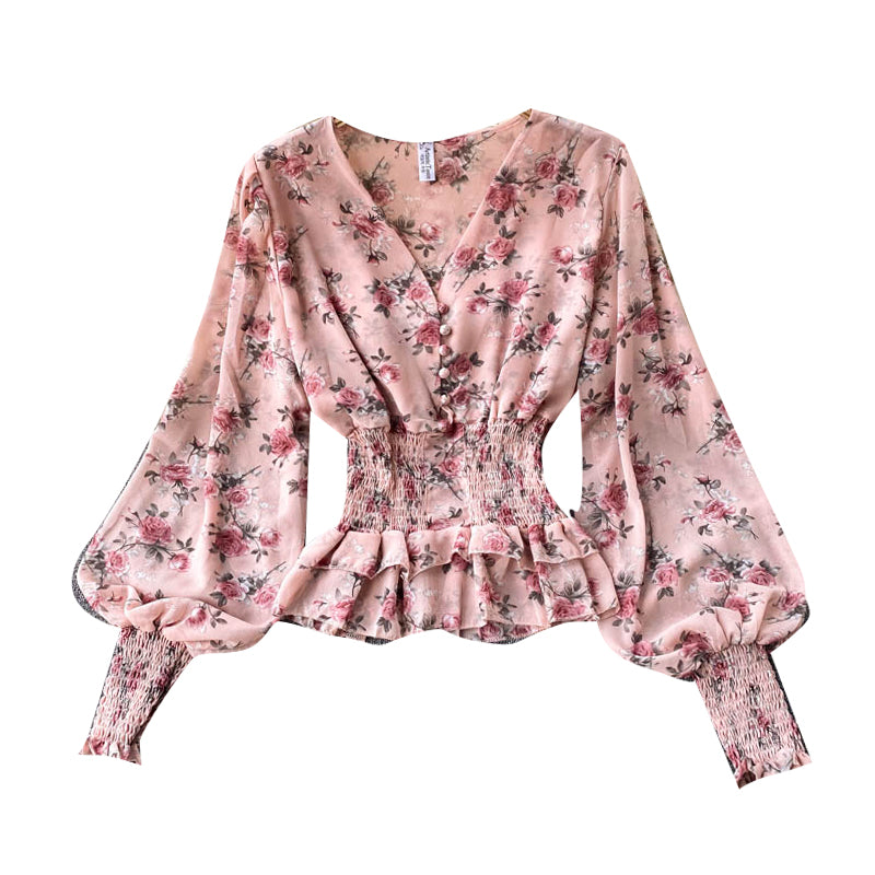 Chiffon Ruffle Trim V-neck Floral Top