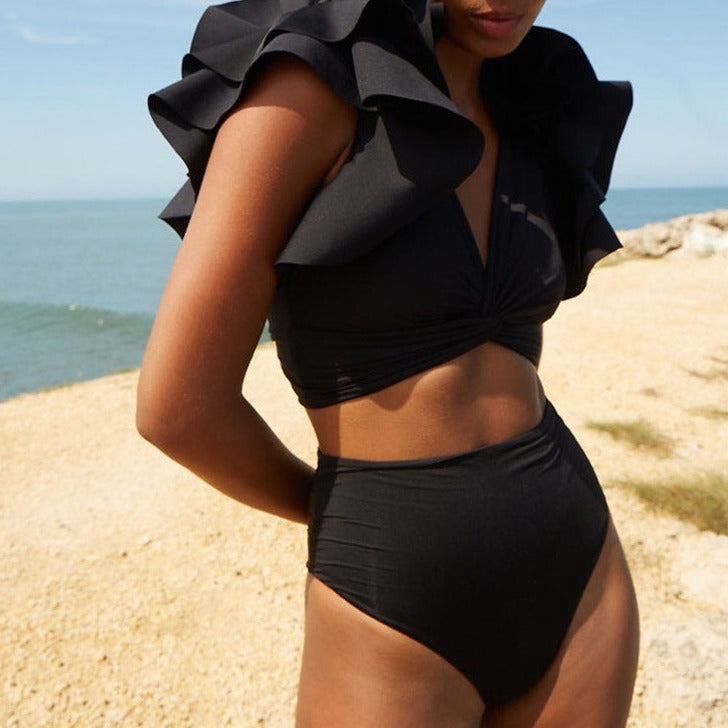 Simple Design Black Ruffled Sleeve Bikini
