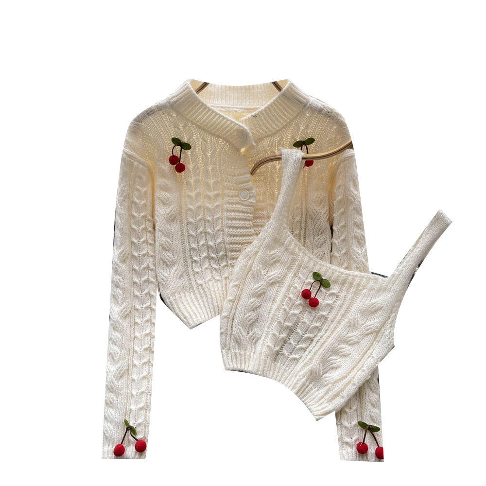 Cherry Knitted Cardigan&Camisole 2Pcs Set