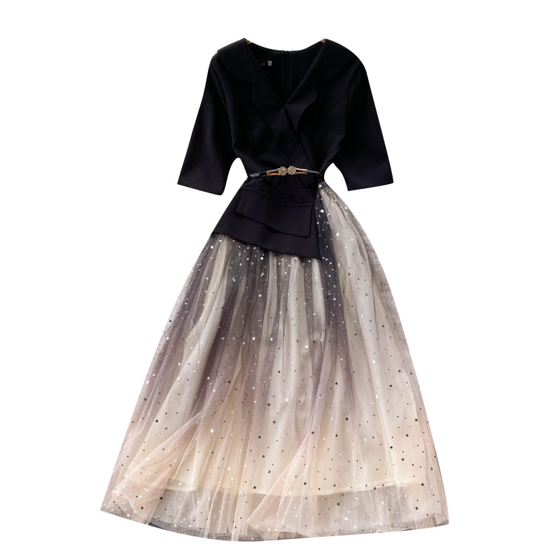 Black Patchwork Mesh Dress