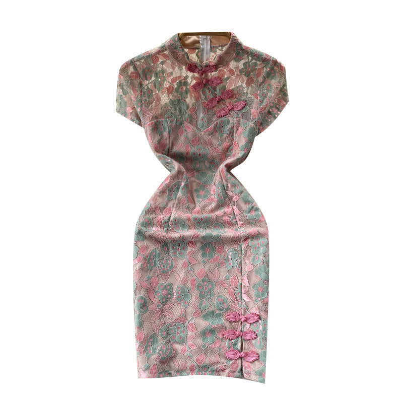 Embroidered Floral Printed Slit Cheongsam Dress
