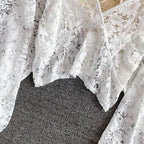 V-neck Open-back Cutout Crochet Lace Shirt