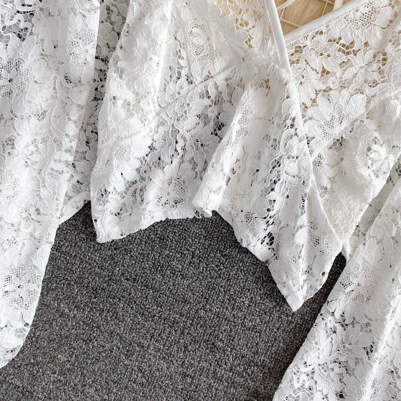 V-neck Open-back Cutout Crochet Lace Shirt
