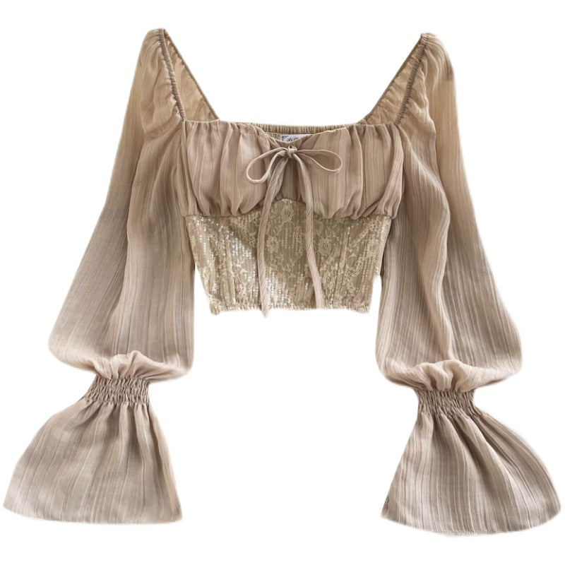 Midriff Baring Sequin Slim-fit Blouse