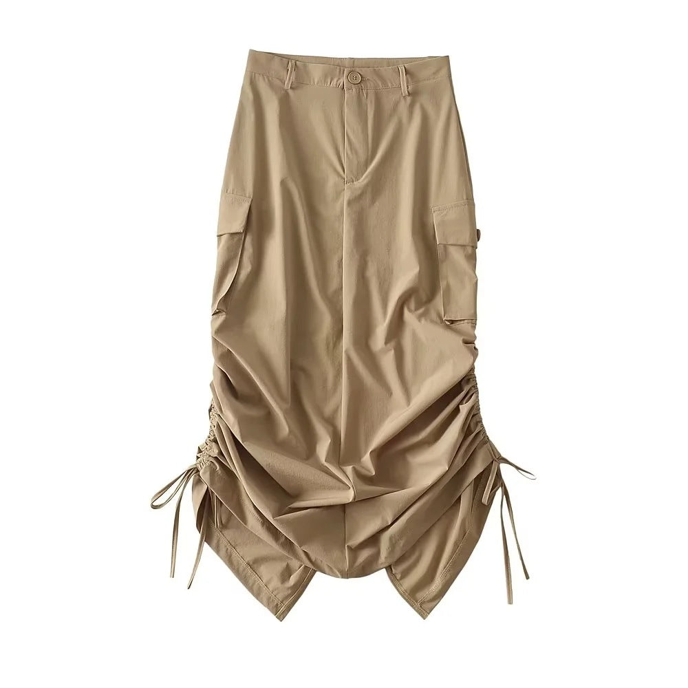 Cargo Skirt With High Waist Side Pockets And Slit Back