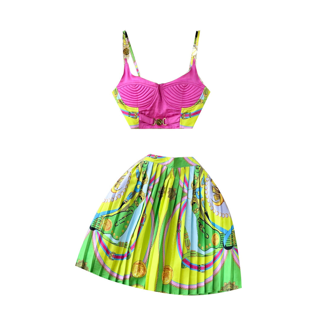 Printed Camisole&Pleated Skirt 2Pcs