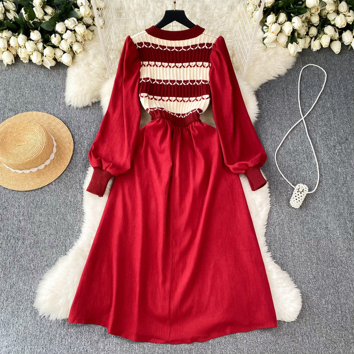 Vintage Striped Knit Patchwork Corduroy Dress