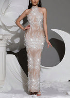 Alsatia Halter Pearl Sequin Embellished Maxi Dress In Nude