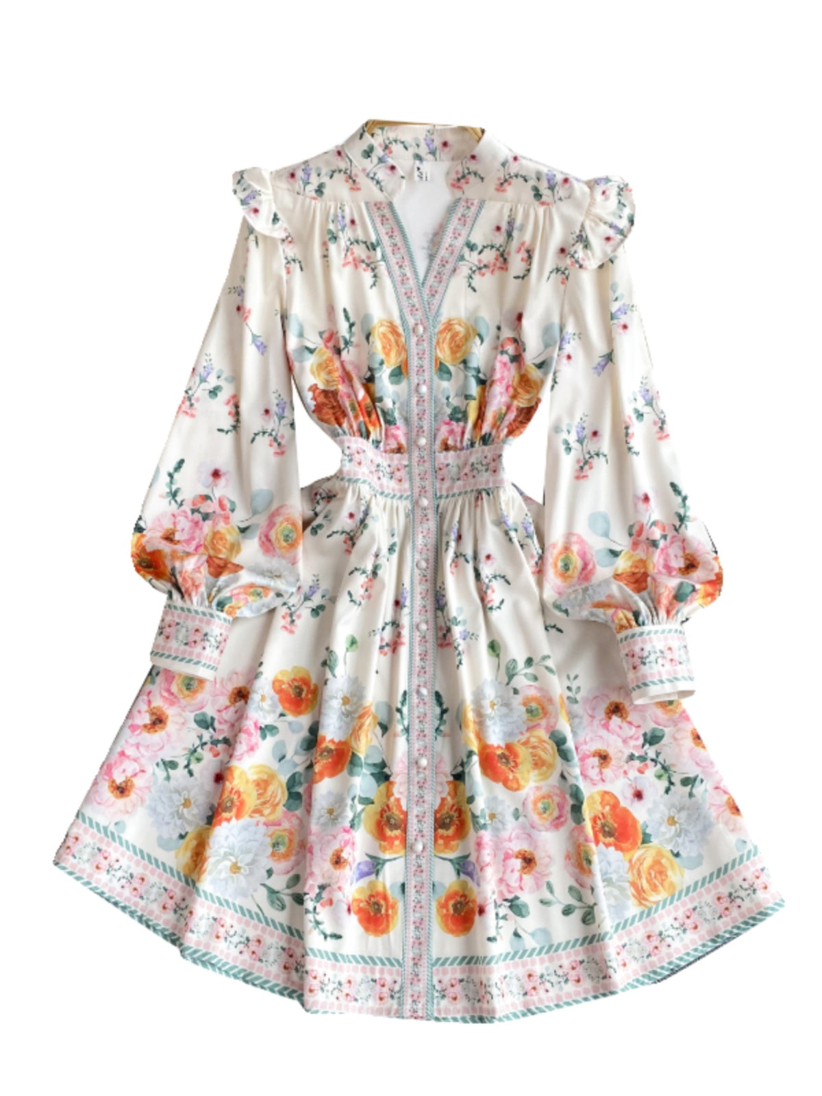Courtly Floral Printed Ruffled Shirt Dress