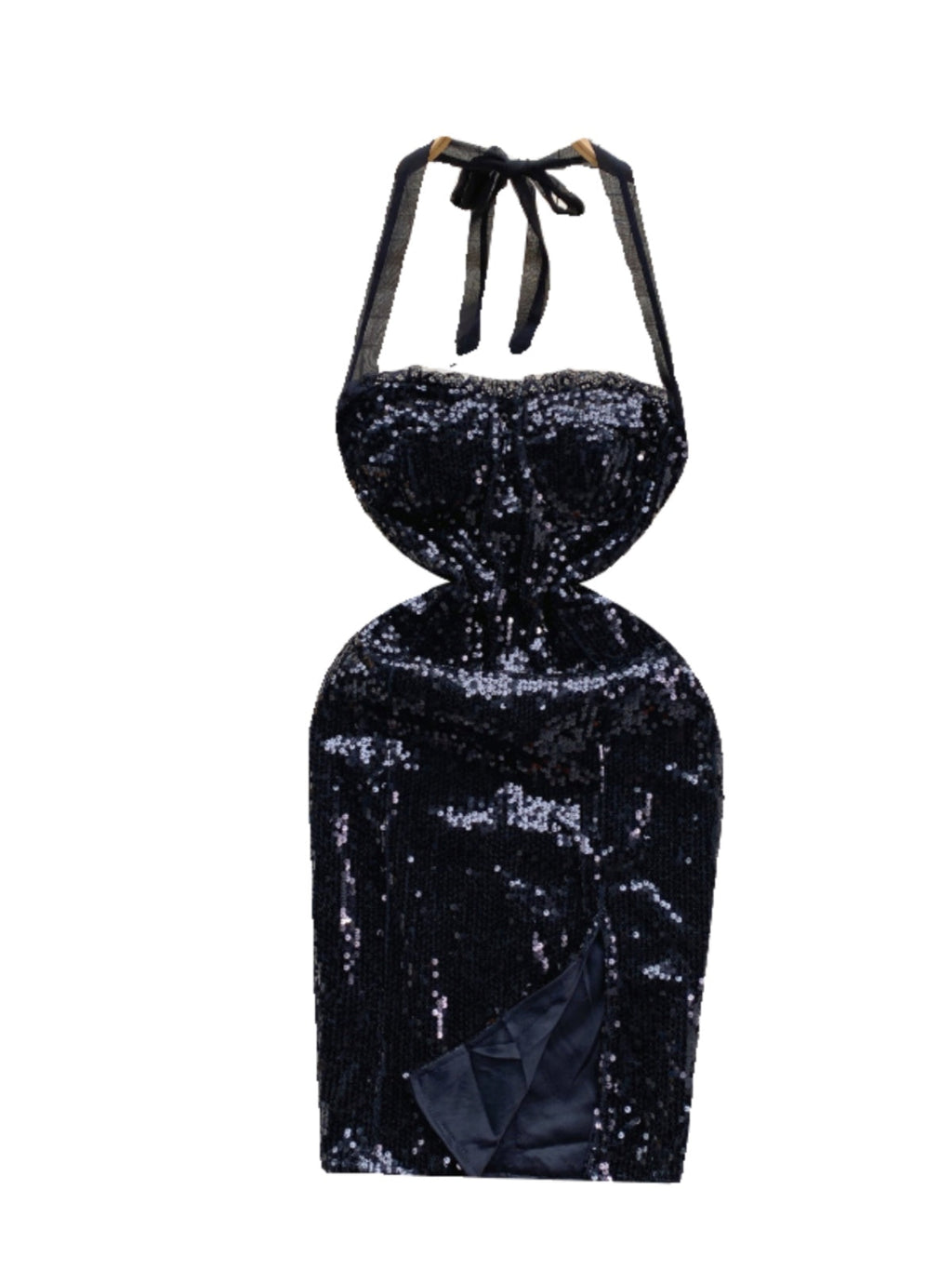 Sequined Mesh Halter Black Dress