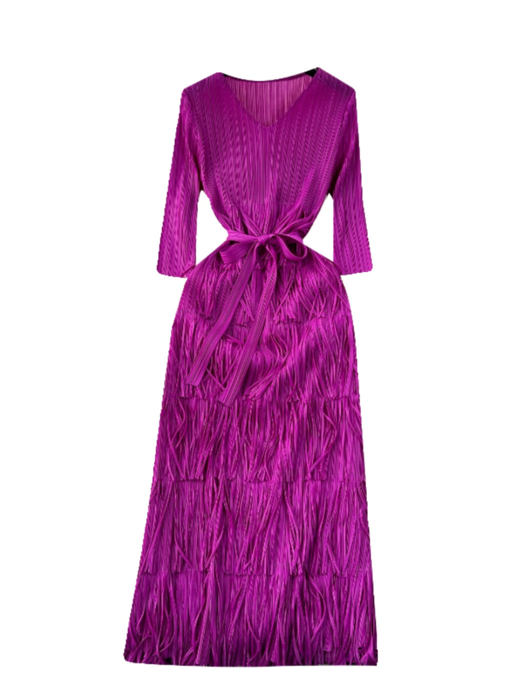 Delicate V-neck Fringed Pleat Dress