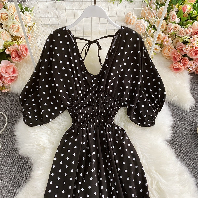 V-neck Bat Sleeve Waist Polka Dot Print Jumpsuit
