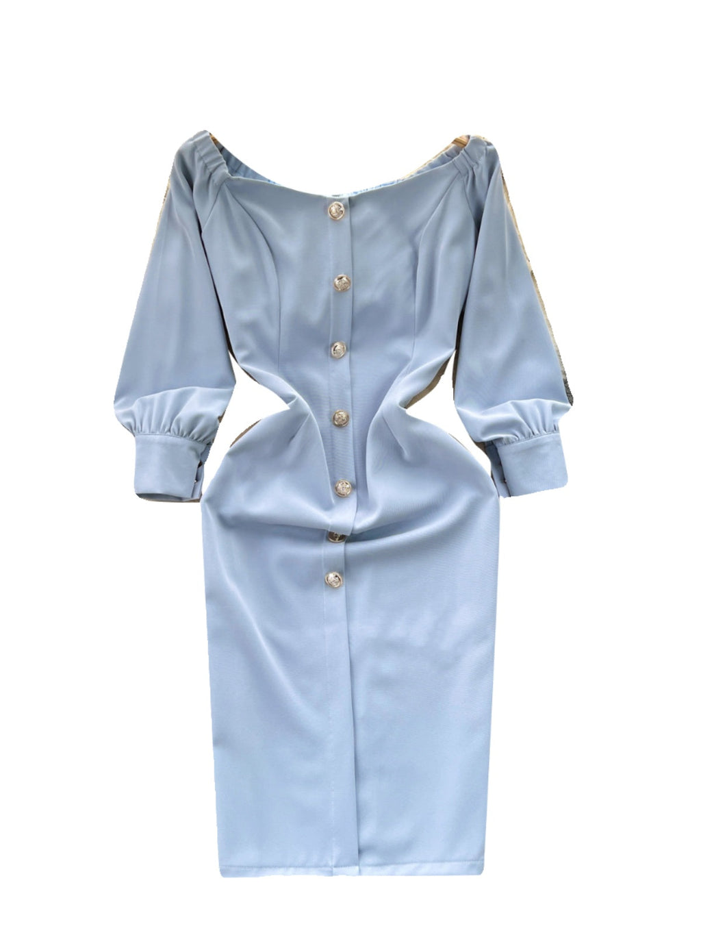 Off-shoulder Single-breasted Blue Dress
