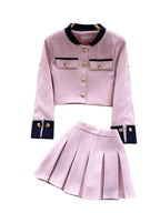Color Blocking Cardigan&Pleated Skirt 2Pcs