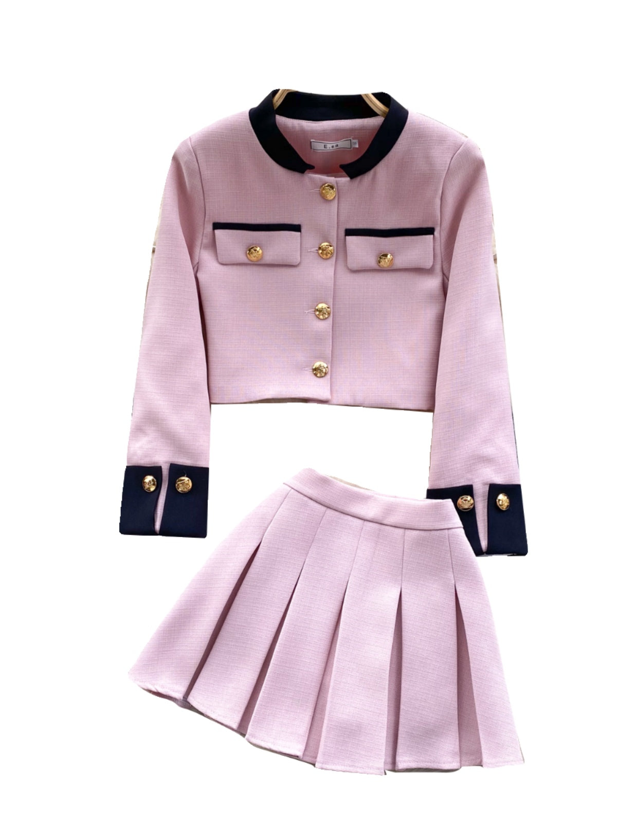 Color Blocking Cardigan&Pleated Skirt 2Pcs