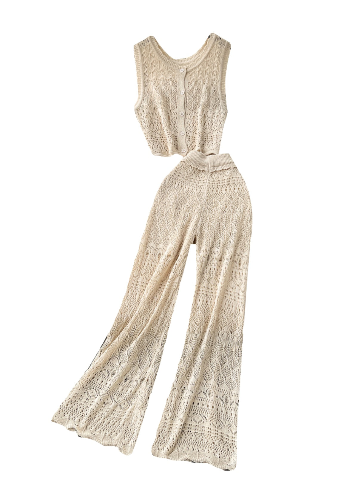 Crochet Sleeveless Cardigan&Trousers Knitted 2Pcs