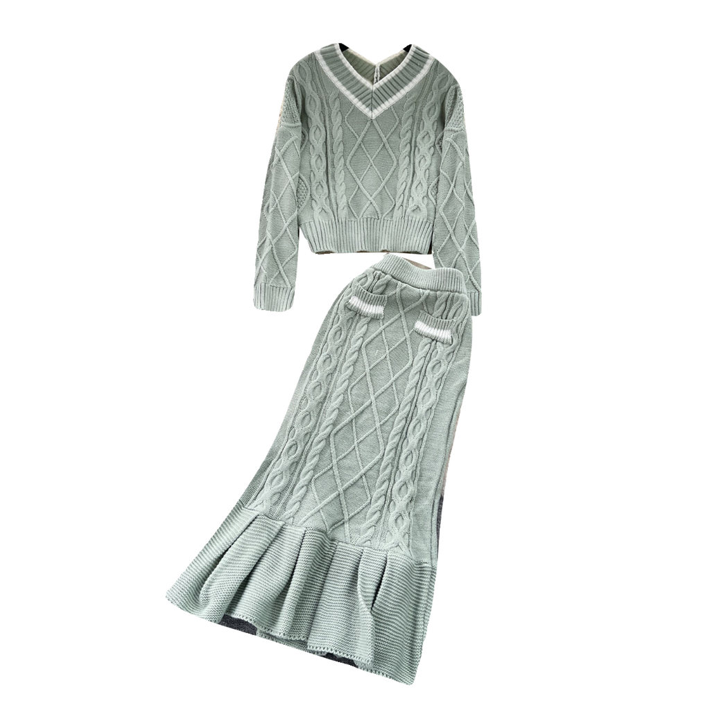 Twist-knitting Sweater&Fishtail Skirt 2Pcs