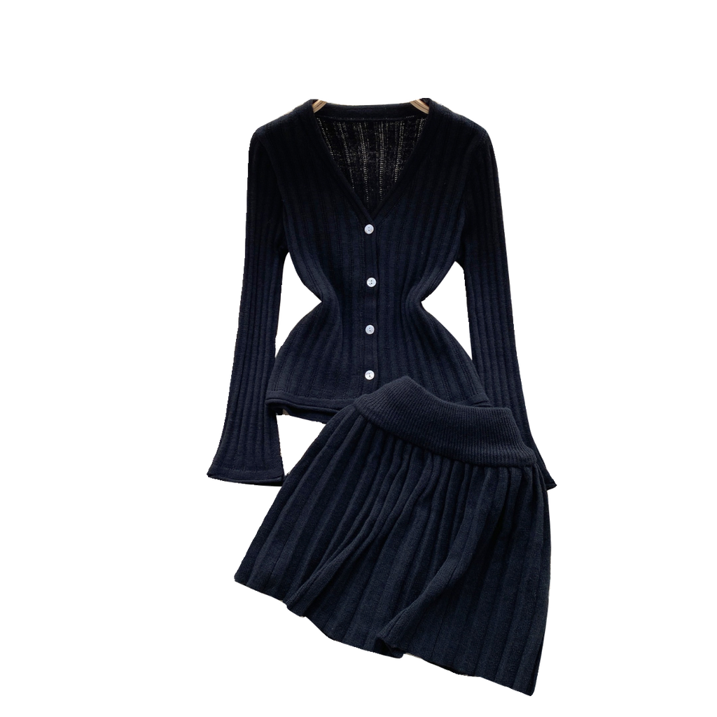 V-neck Cardigan&Pleated Skirt Knitted 2Pcs