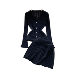 V-neck Cardigan&Pleated Skirt Knitted 2Pcs