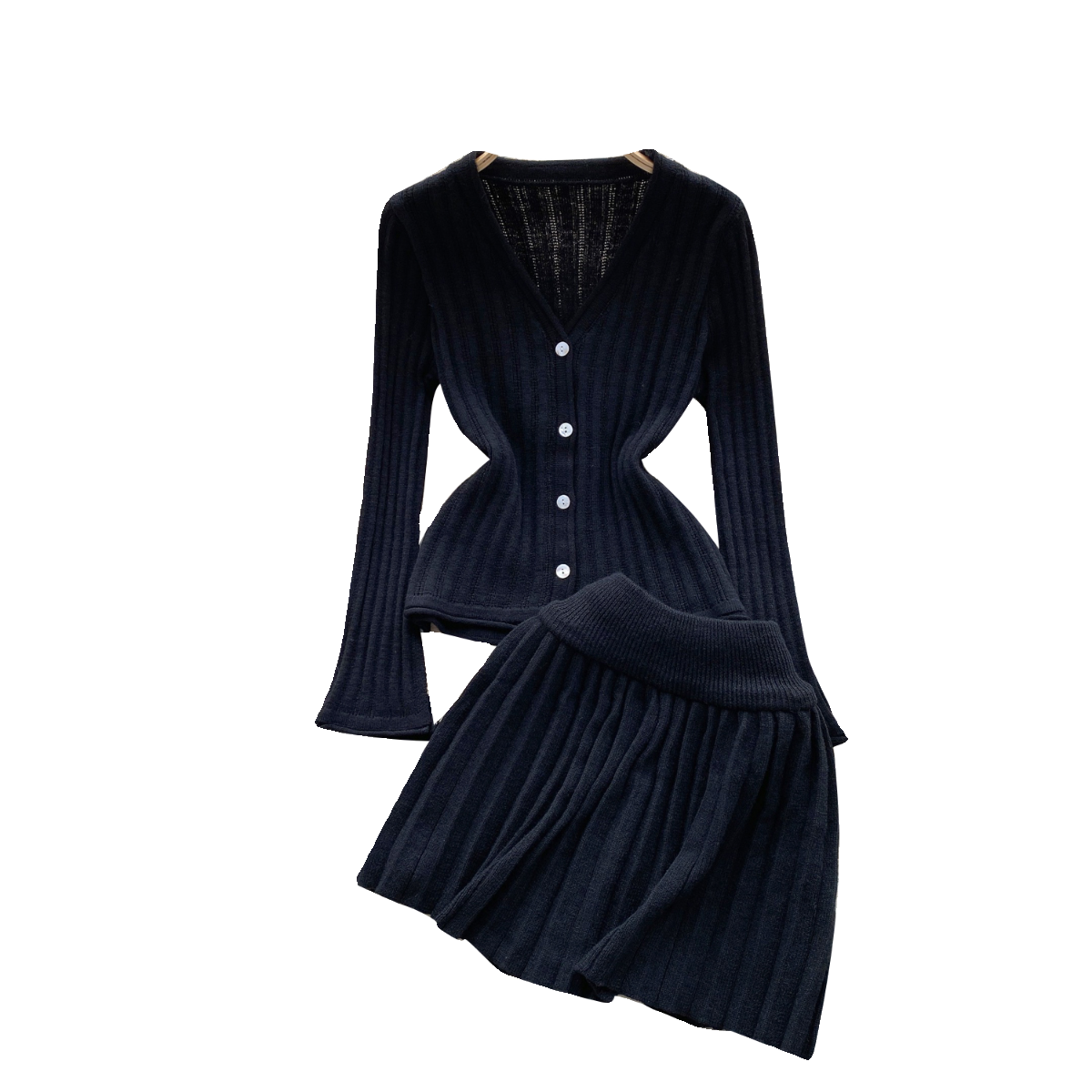 V-neck Cardigan&Pleated Skirt Knitted 2Pcs