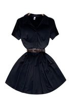 Polo Collar Pleated Black Shirt Dress