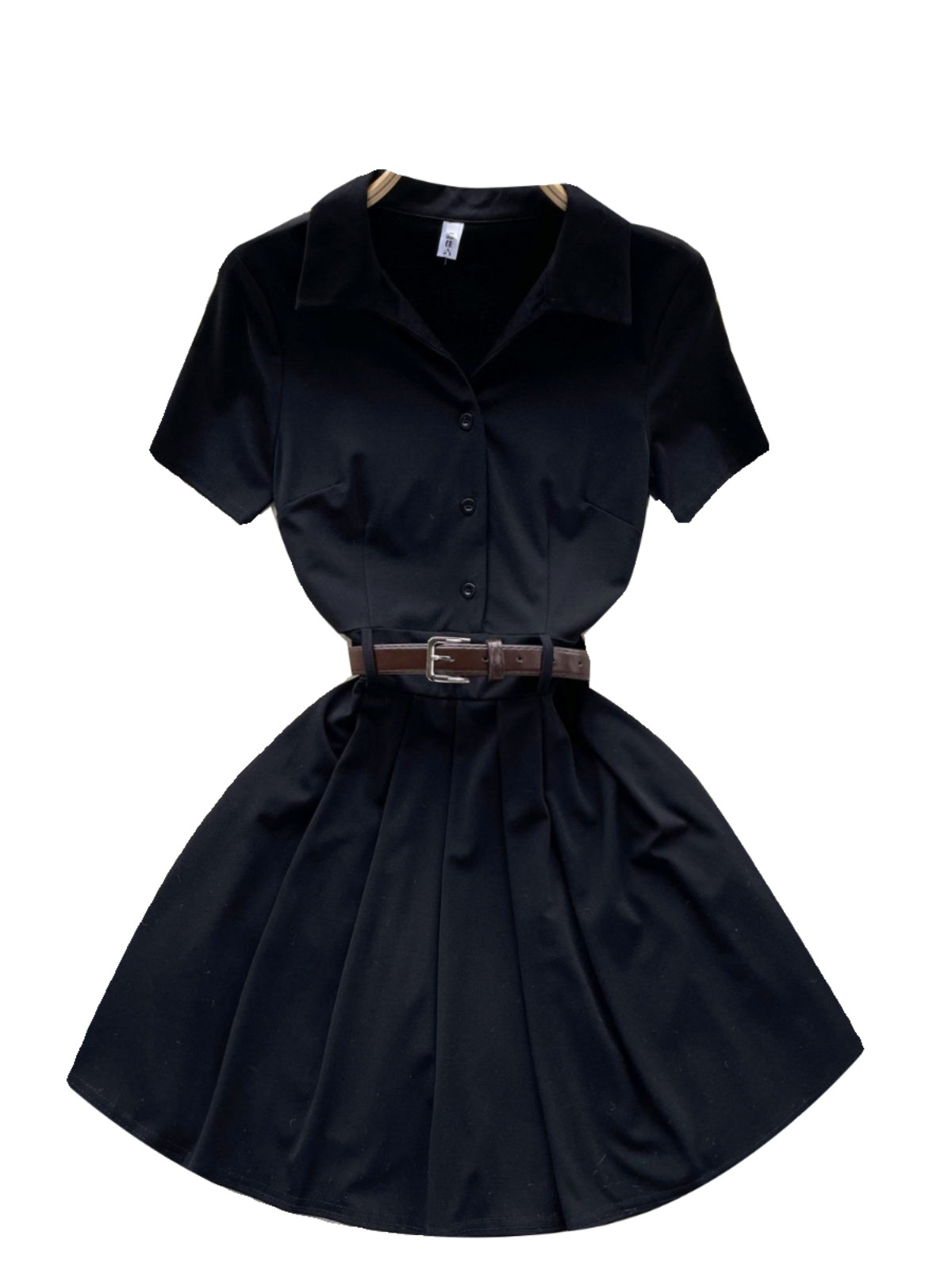 Polo Collar Pleated Black Shirt Dress