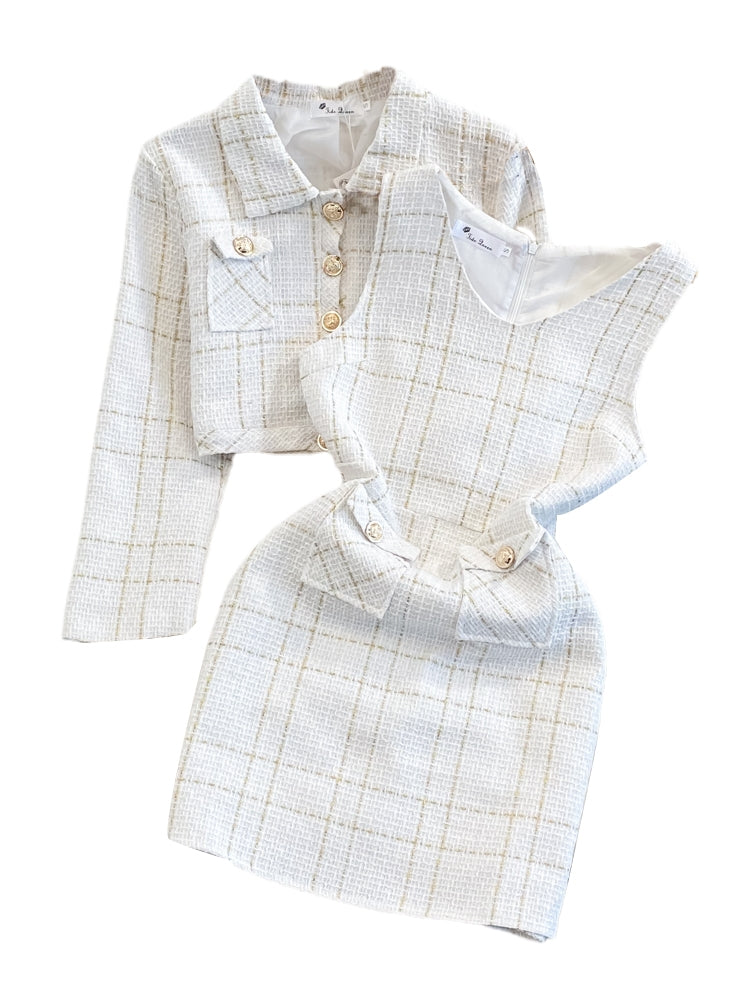Tweed Plaid Blazer&Skirt 2Pcs
