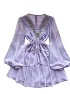 V-neck Beaded Ruffled Chiffon Dress