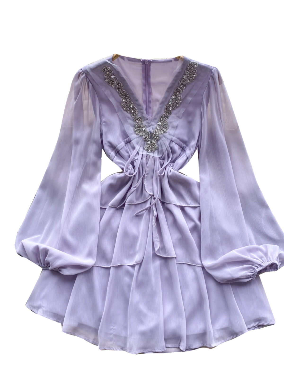 V-neck Beaded Ruffled Chiffon Dress