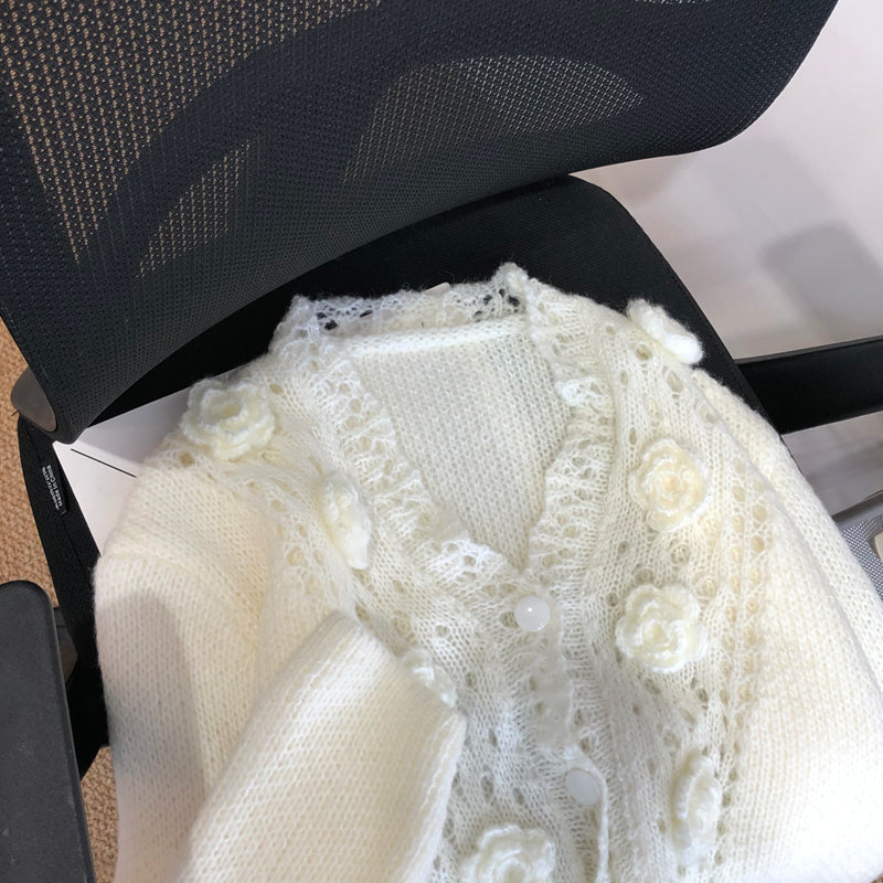 Hand Crocheted Floral White Cardigan