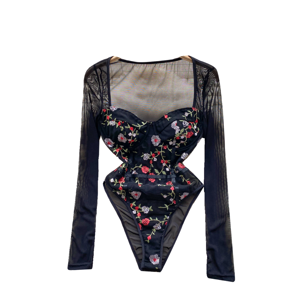 Slim-fit Floral Embroidery Black Romper