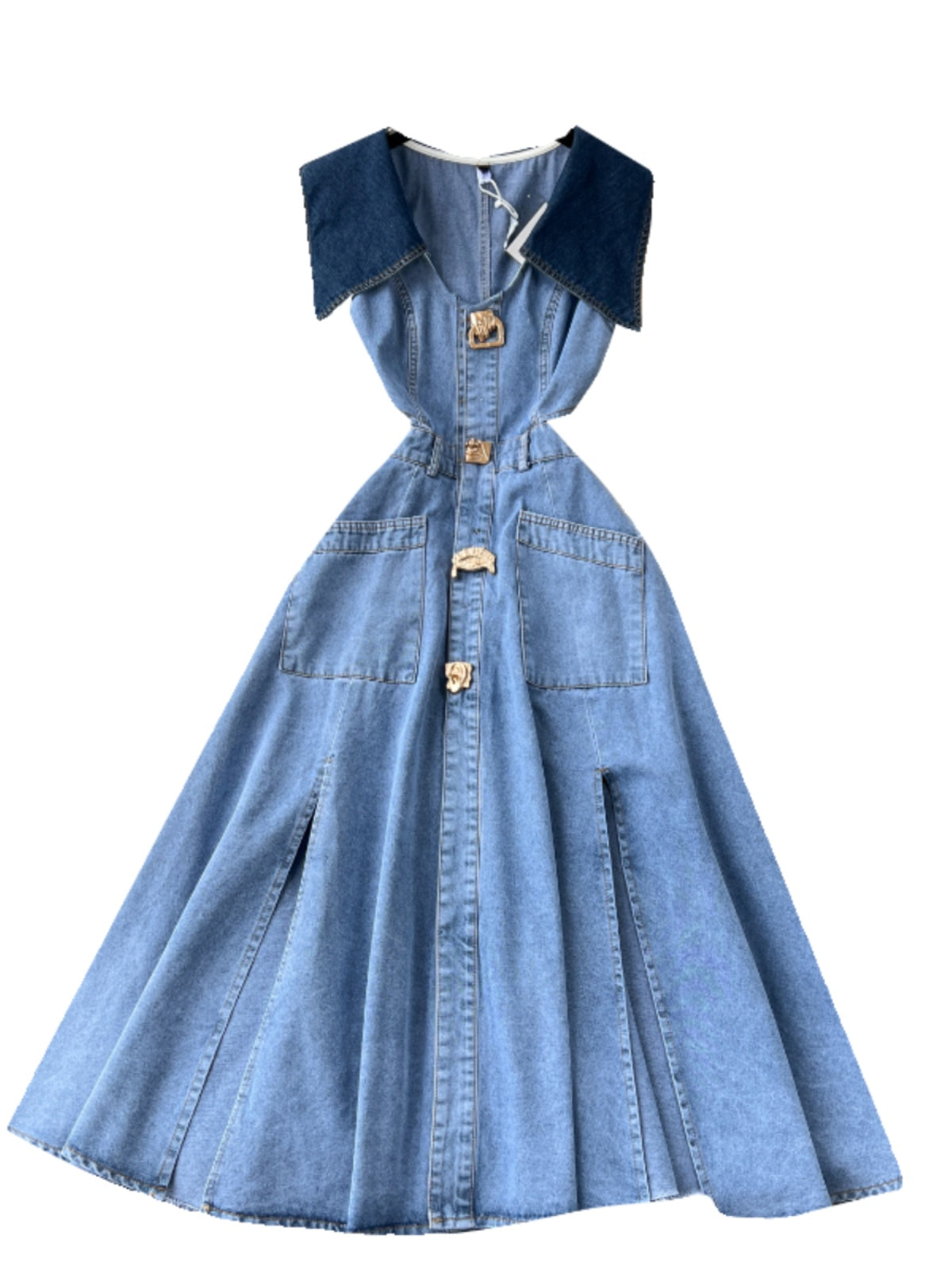 Navy Collar Sleeveless Hollowed Denim Dress