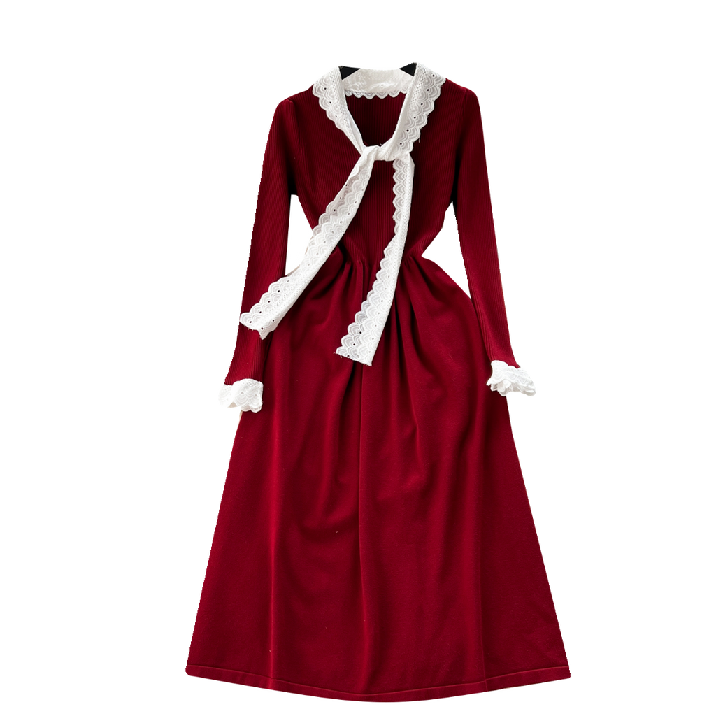 Color Blocking Bow-tie Collar Knitted Dress