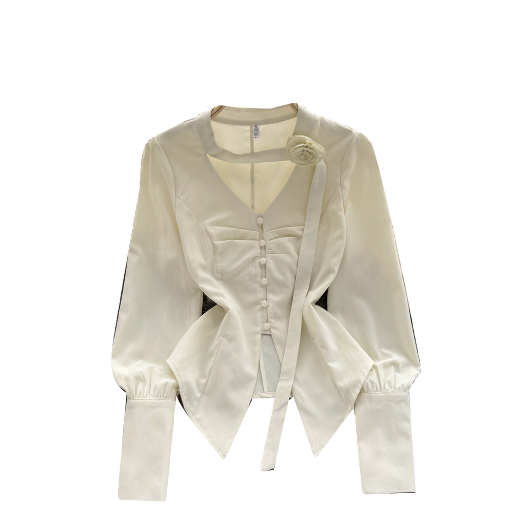3d Floral Lace-up Pleated Shirt