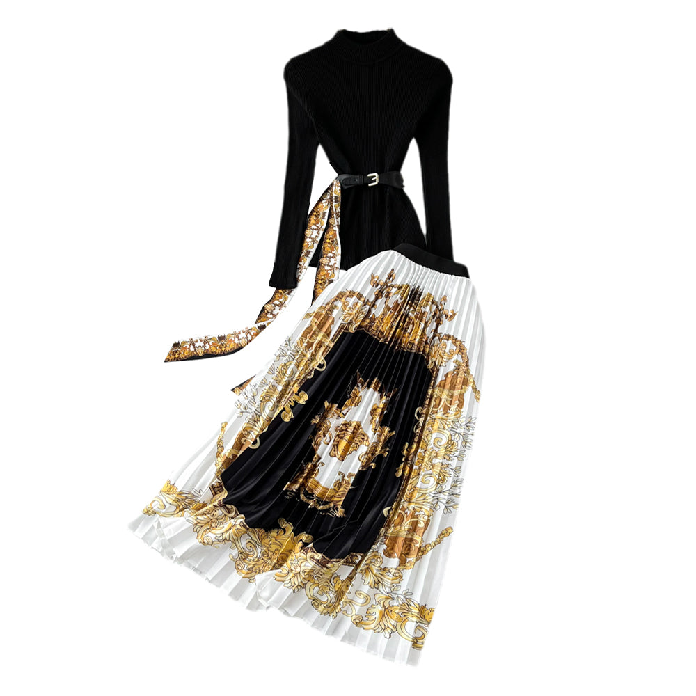 Black Sweater&Printed Pleated Skirt 2Pcs