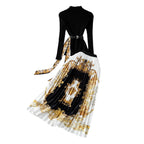 Black Sweater&Printed Pleated Skirt 2Pcs