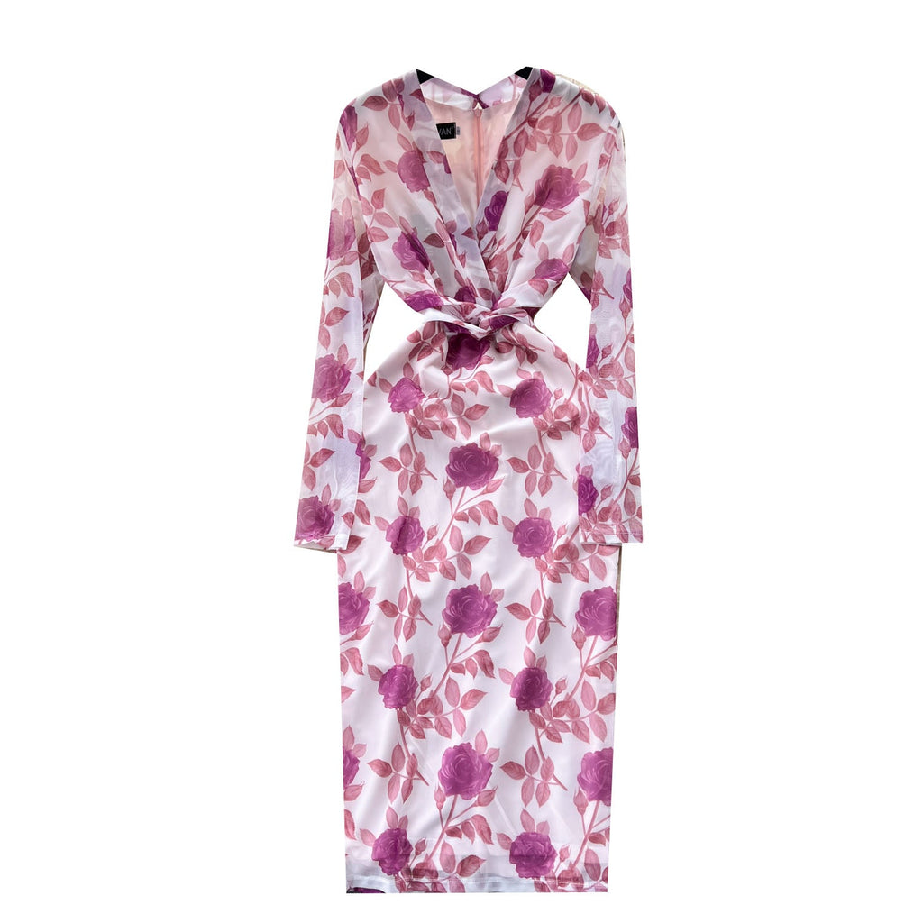 Vintage V-neck Long-sleeve Floral Dress