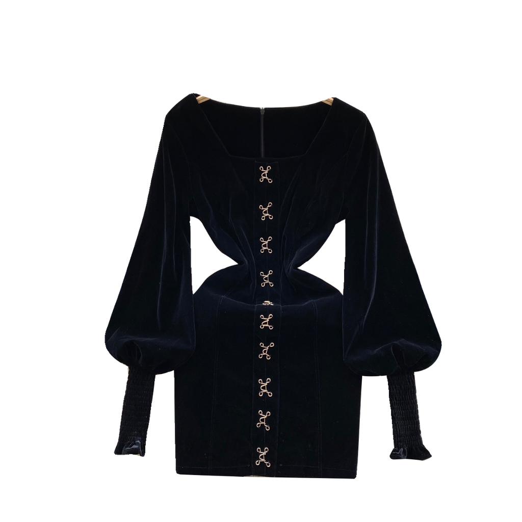Vintage Square Collar Suede Black Dress
