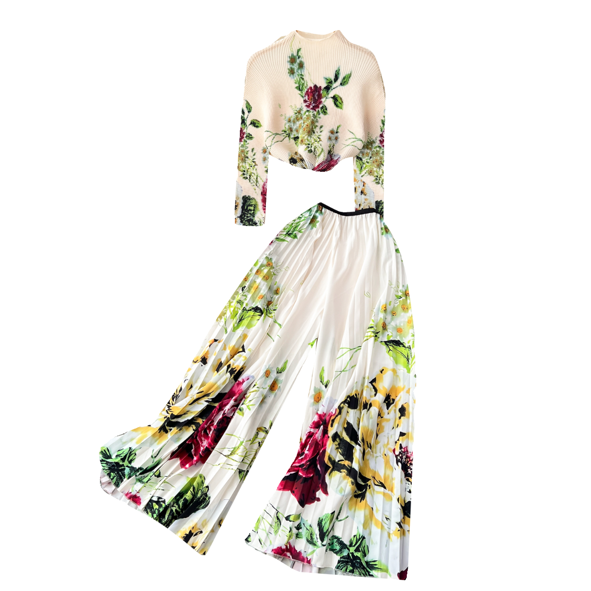 Pleated Knitwear&Wide-leg Trousers Printed 2Pcs