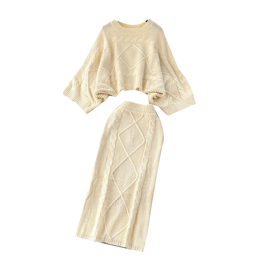 Cable Sweater&Half-body Skirt 2Pcs