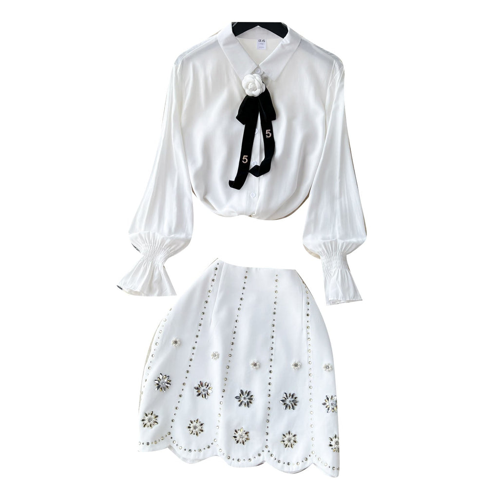 Bow-tie Shirt&Beaded Skirt 2Pcs