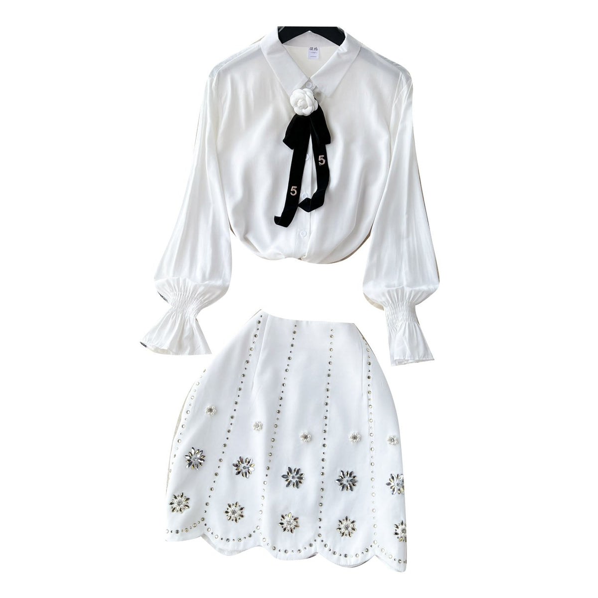 Bow-tie Shirt&Beaded Skirt 2Pcs