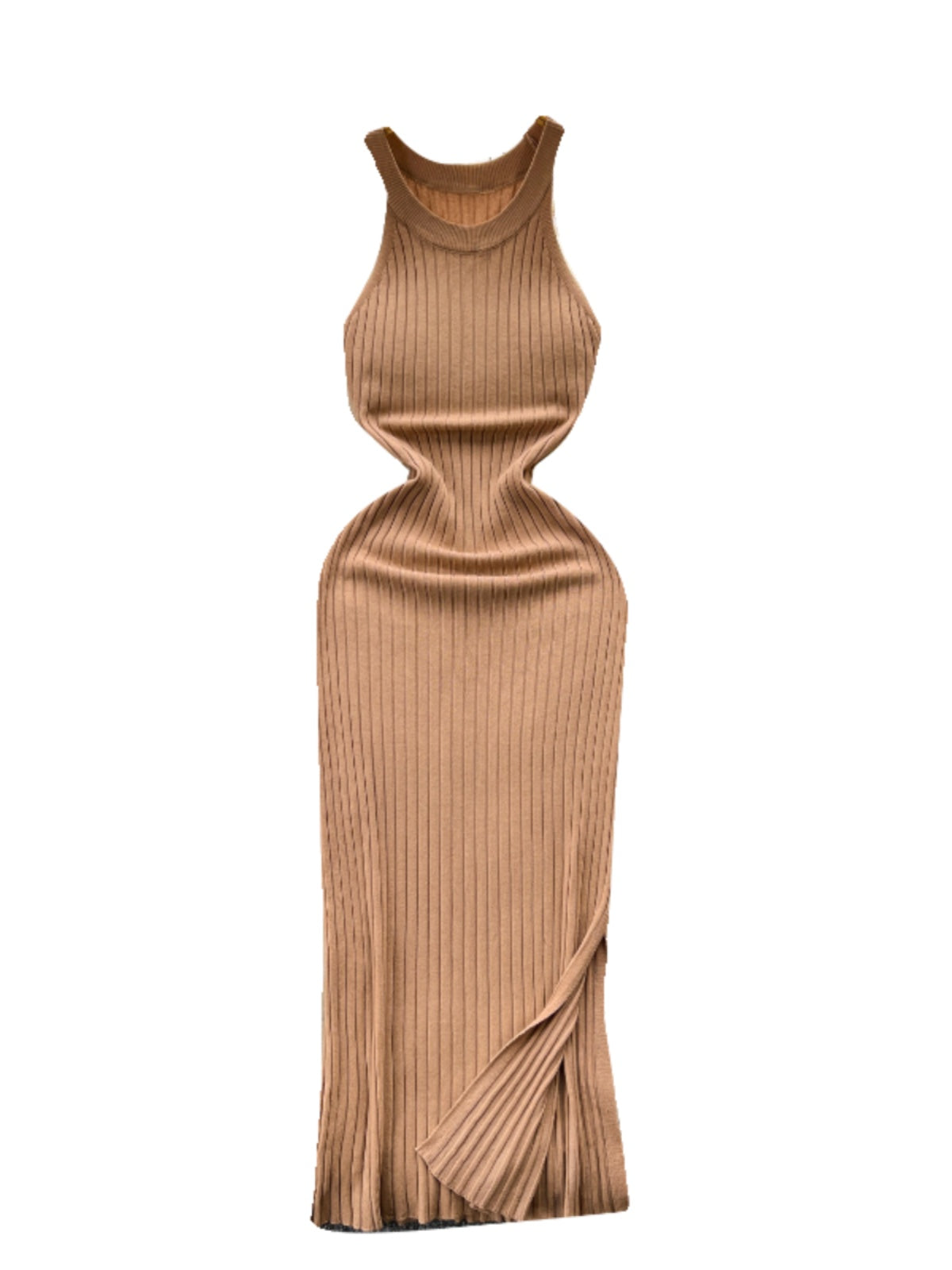 Elastic Solid Color Knitted Halter Dress