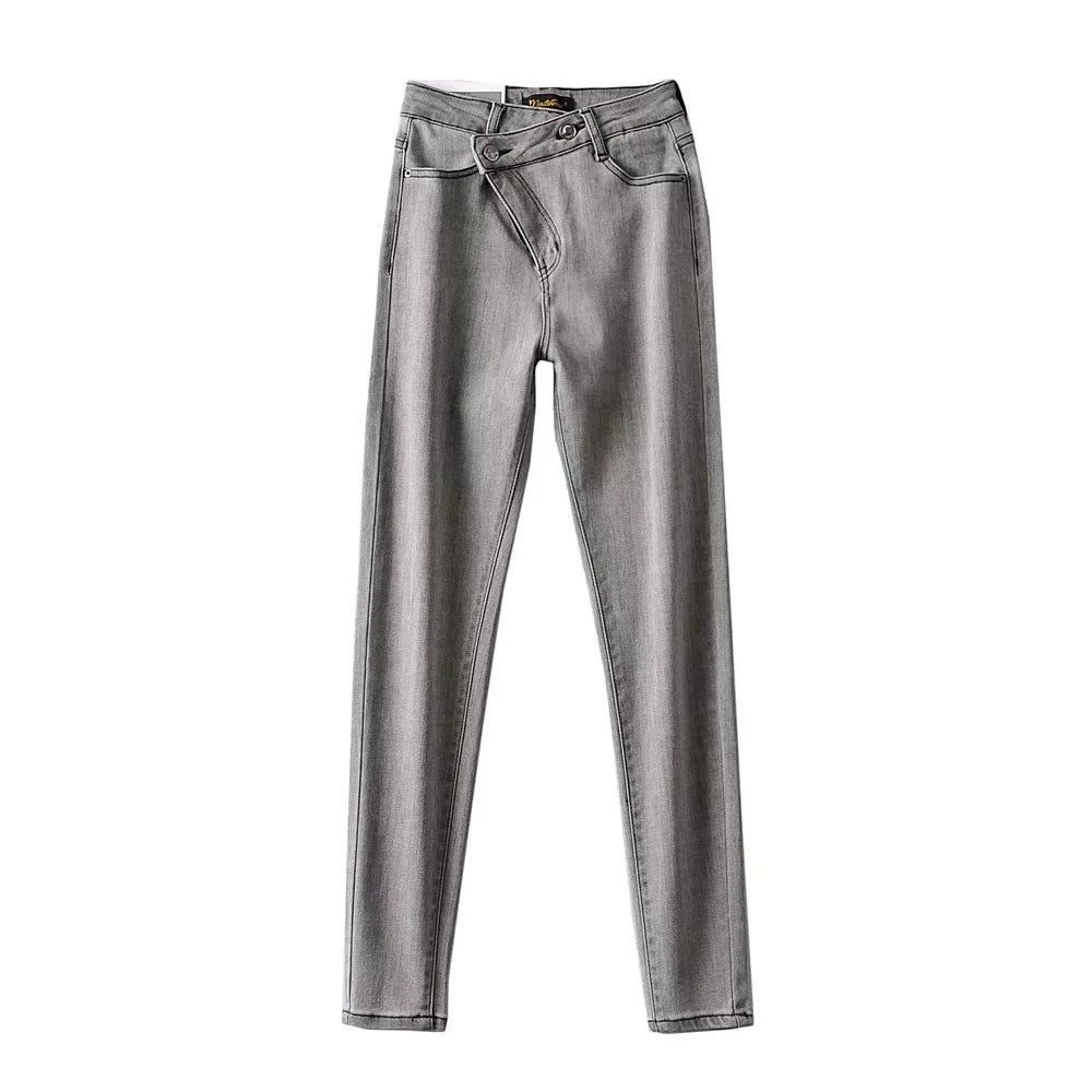 Irregular Diagonal Button High Waist Pencil Pants
