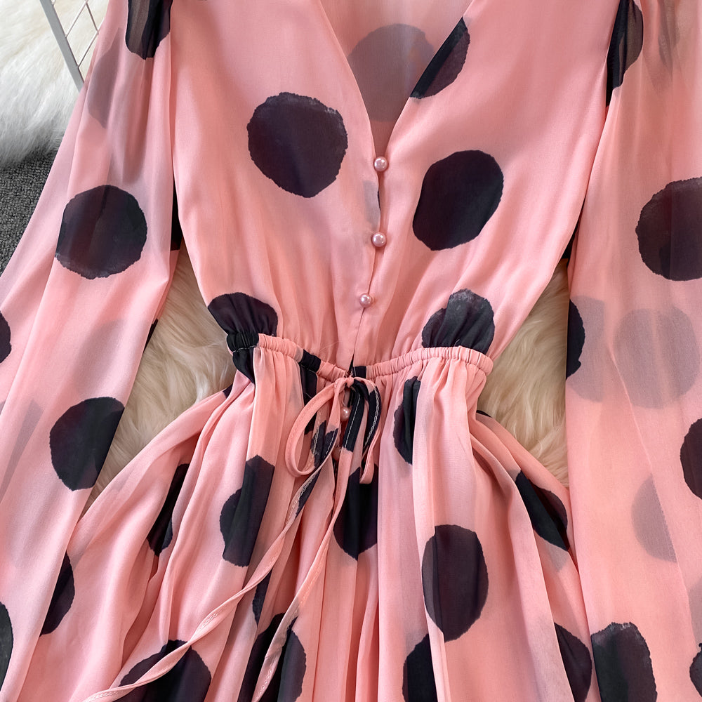 Flared Sleeve Polka Dot Print V-Neck Jumpsuit